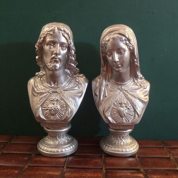 Antique Jesus & Mary Sacred & Immaculate Heart Silver Spelter Busts 7.25" High - Picture 1 of 7